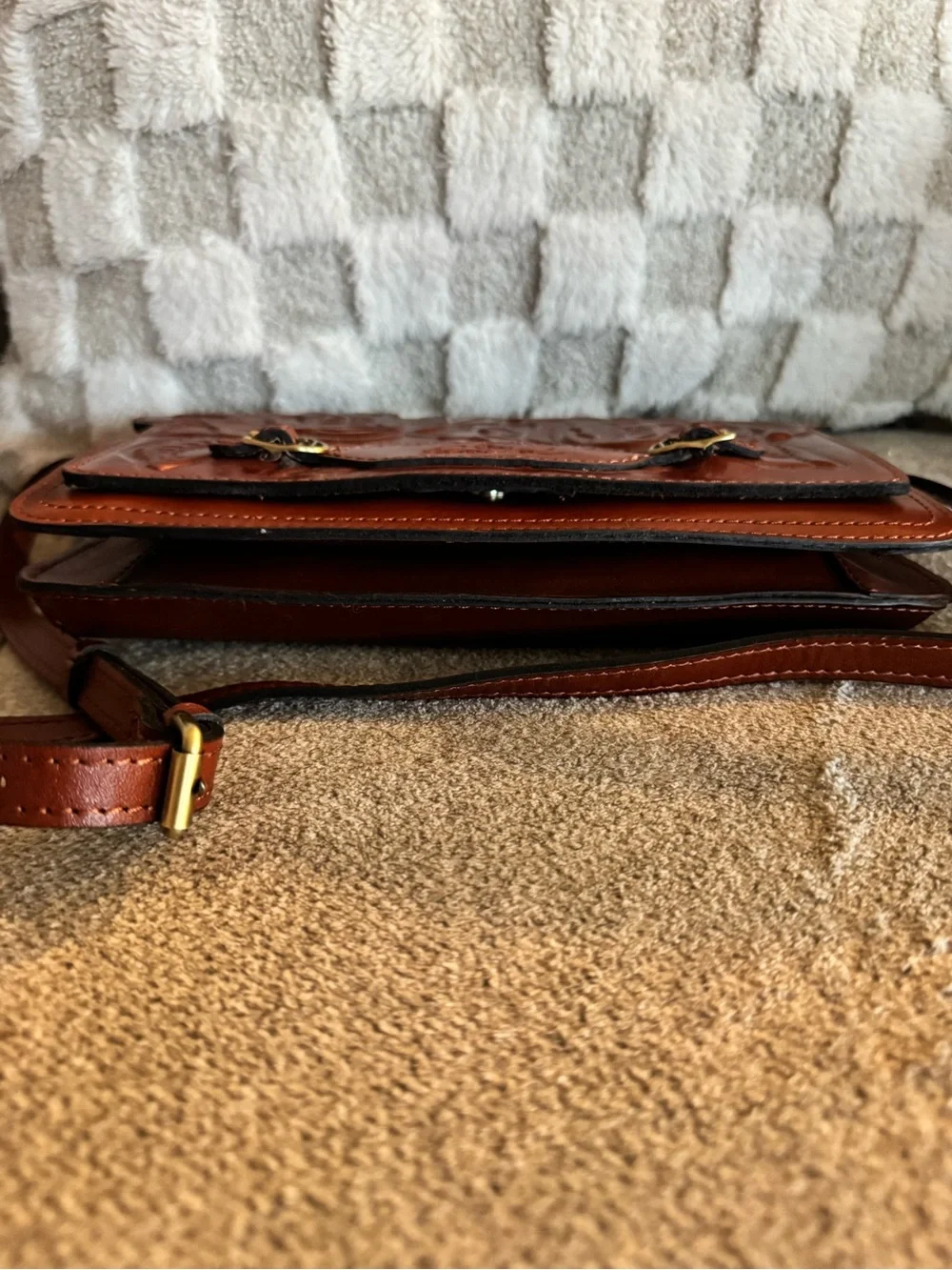 Patricia Nash Embossed Floral Leather Crossbody in Chestnut Brown